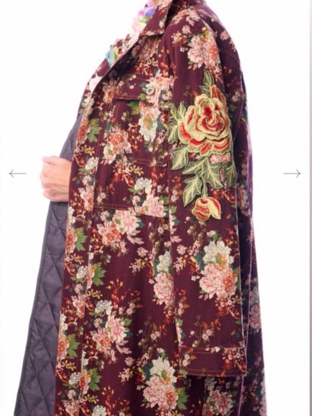 Aratta Silent Journey Floral Burgundy Long Trench Coat - Picture 3 of 13